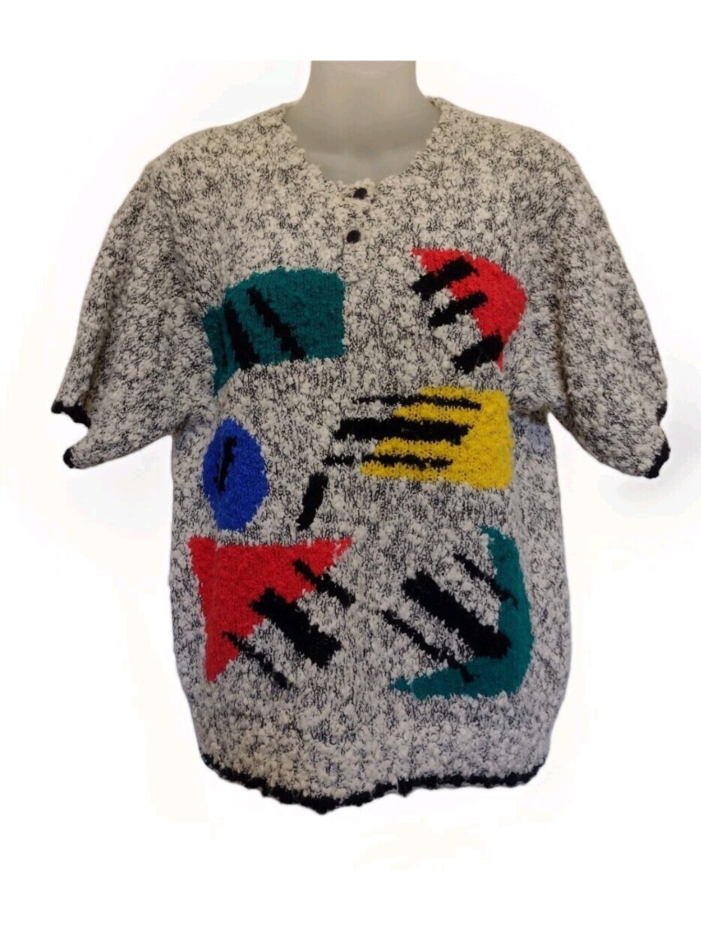 Vintage 80s Memphis Design Sweater M/L Abstract Geometric Popcorn Knit New Wave